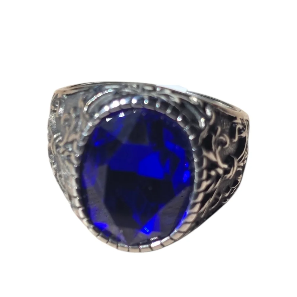 New Men's Stainless Steel Ring with Blue Cubic Zirconia Size 11